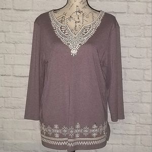 Alfred Dunner Women's Lavender Embroidered Top  long sleeves, Size M